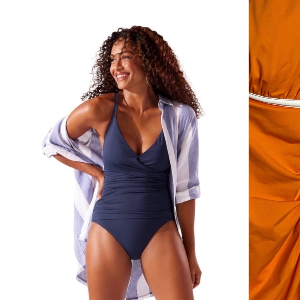 Tommy Bahama Orange Pearl Over-the-Shoulder V-Neck One-Piece Swimsuit Size 12